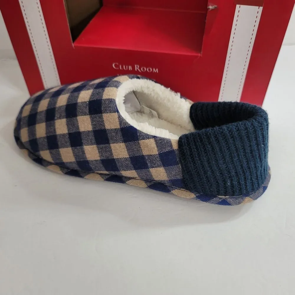 Club Room Gingham‎ Convertible Mule Slipper Mens Large 10-11 Navy & Beige NEW
